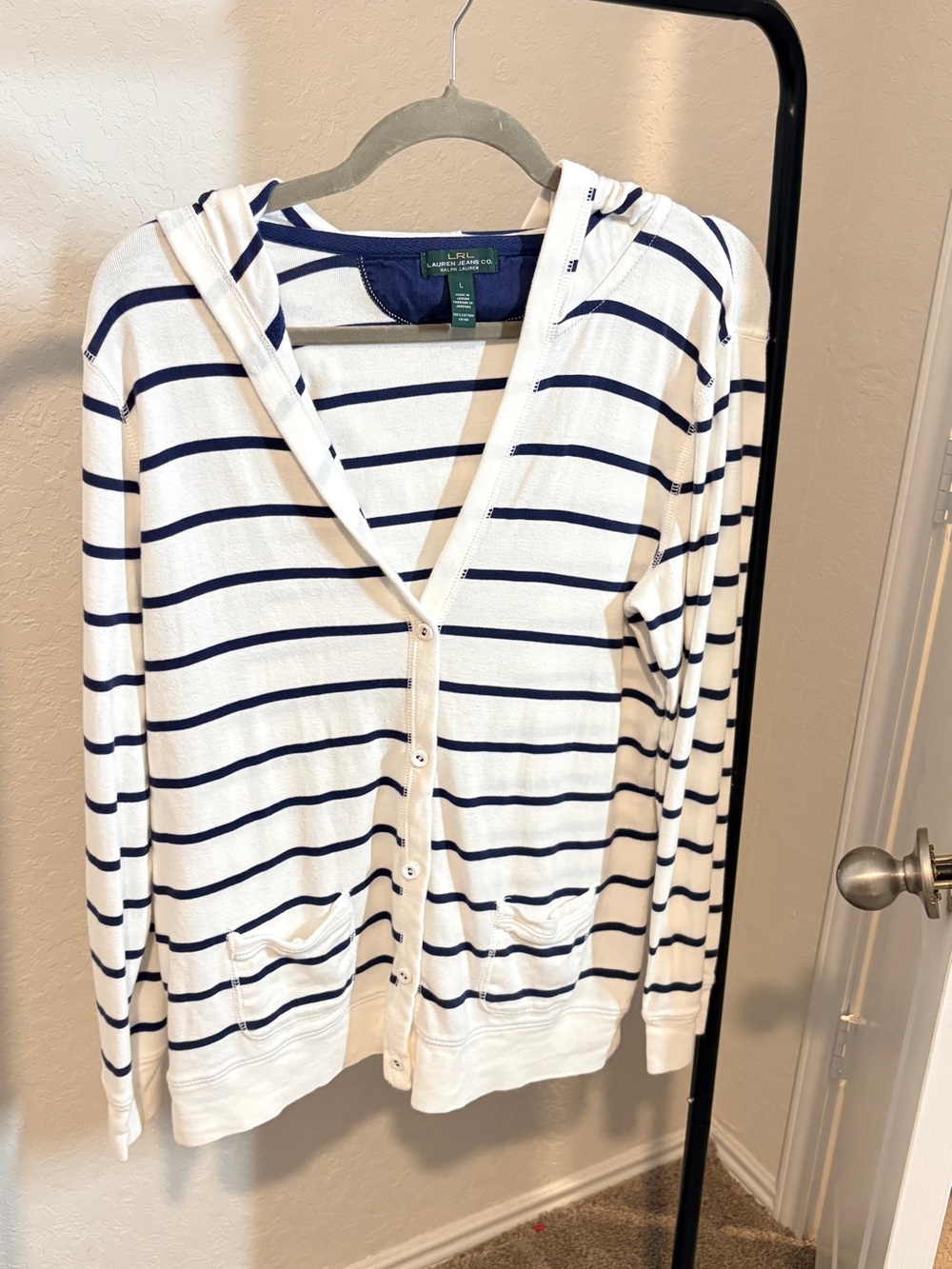 Lauren Ralph Lauren Striped Hooded Cardigan - White & Navy